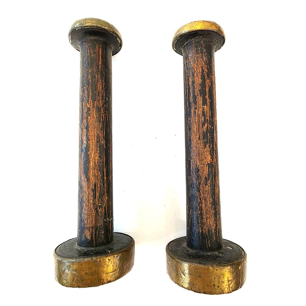 Antique Pair of Brass End Cap Wood Spool Bobbins 2.25" X 7"